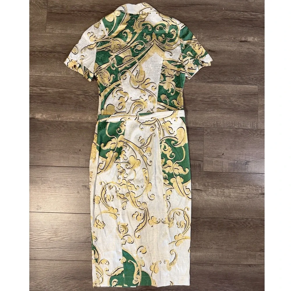 Just Cavalli Roberto Cavalli Silk Baroque Ruffle Button Front Midi Dress Belt 44